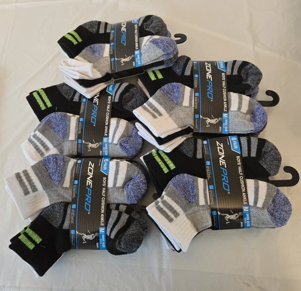 Zone Pro Boys Half‑Cushion Ankle Socks – FIVE 6‑Packs, Size 10.5–4, NWT